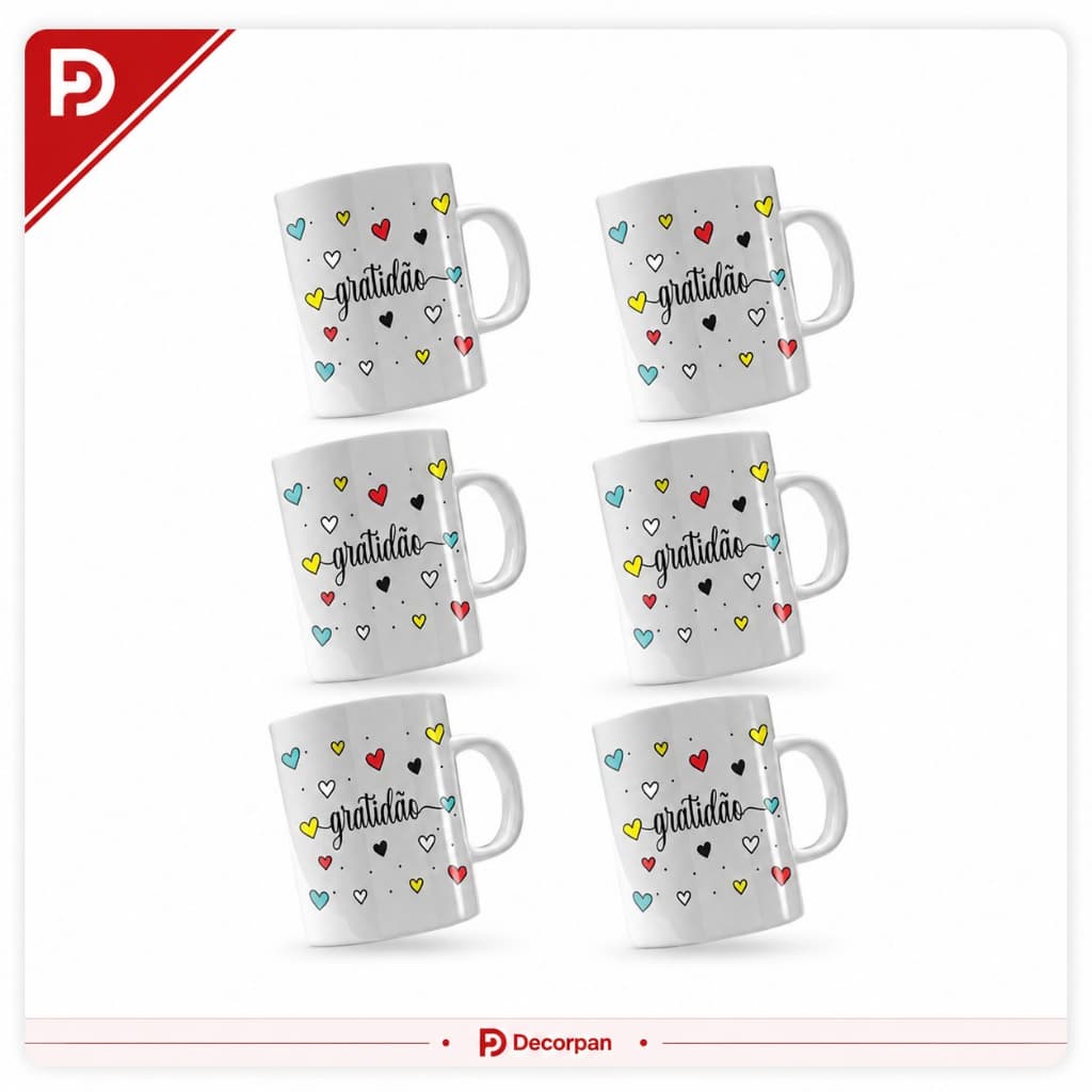 Kit 6 Canecas de Porcelana 120ml - Tema Gratidão - Inspirador
