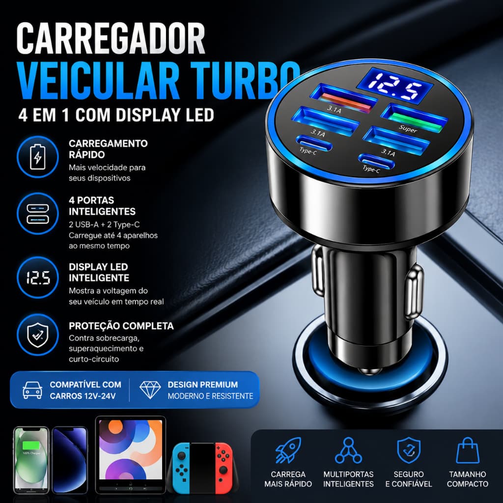 Carregador de Carro USB C Tipo C com 5 portas, carregamento super rápido, detecção de voltagem, display digital