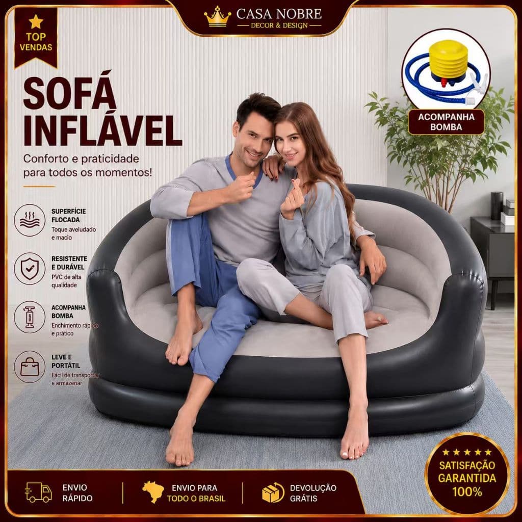 Sofá Inflável Duplo com Bomba Inclusa Superfície Flocada PVC Resistente Leve Portátil Confortável para Sala Quarto