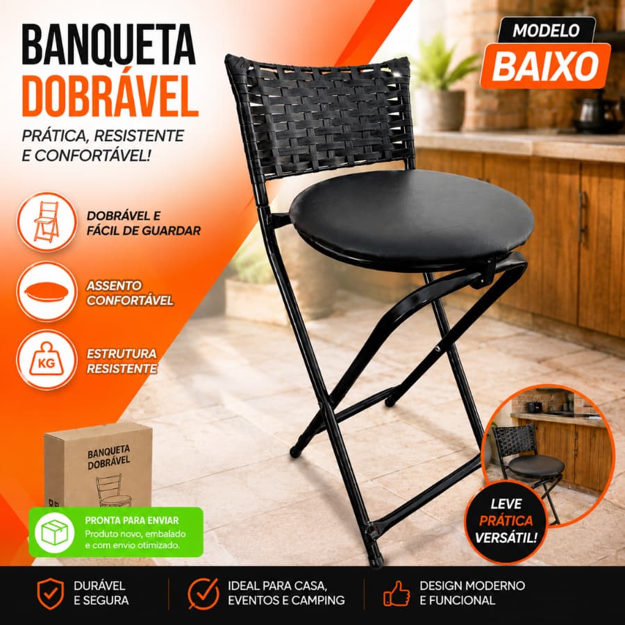Banqueta Dobrável Baixa com Encosto em Junco Confortável Elegante Banco Casa Cozinha Mesa