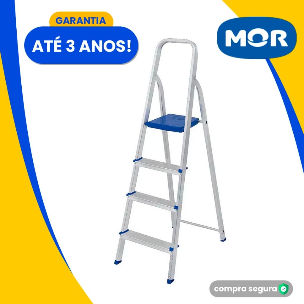 Escada Alumínio 4 ou 3 Degraus MOR Dobrável Doméstica Estilo Tesoura 120kg  Reforçada Aço Degrau