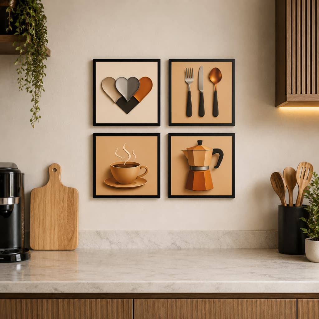 Kit 4 Quadros Decorativos Cantinho do Café Cozinha Copa MDF 18x18cm