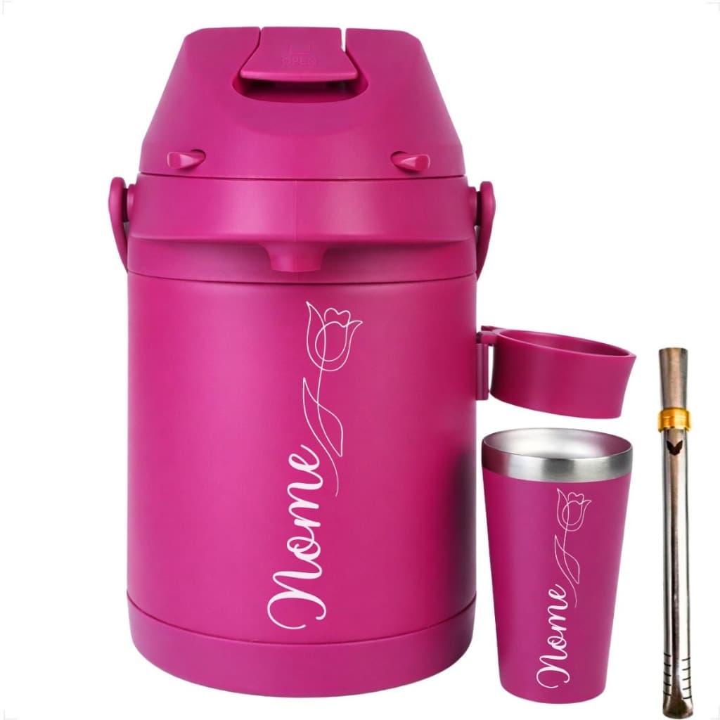 Kit Terere Chacal Garrafa Térmica Inox 2,5 Litros Suporte Copo Térmico 200ml Bomba Chacal Seu Nome Tulipa