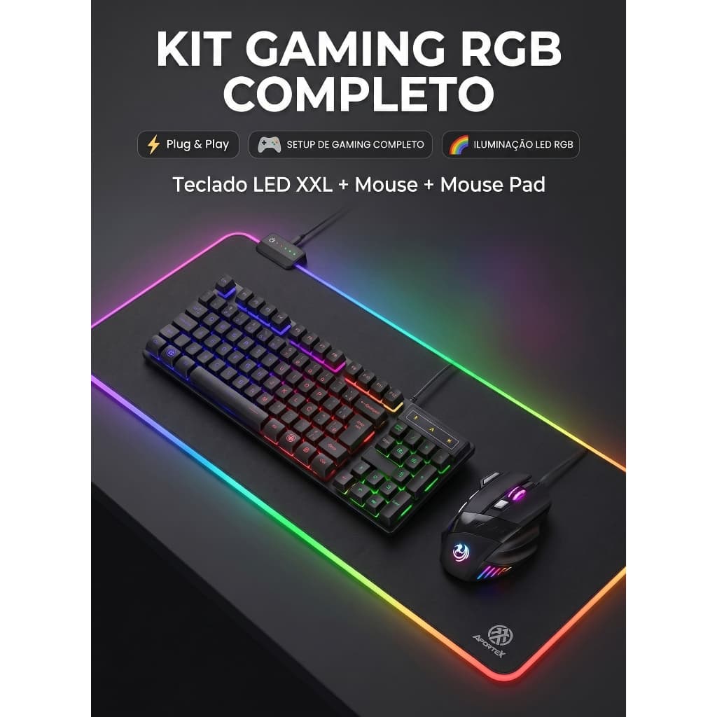 Kit Gamer 3 em 1 LED RGB Completo Teclado Semi-mecânico + Mouse 3200 DPI + Mousepad 80X30cm