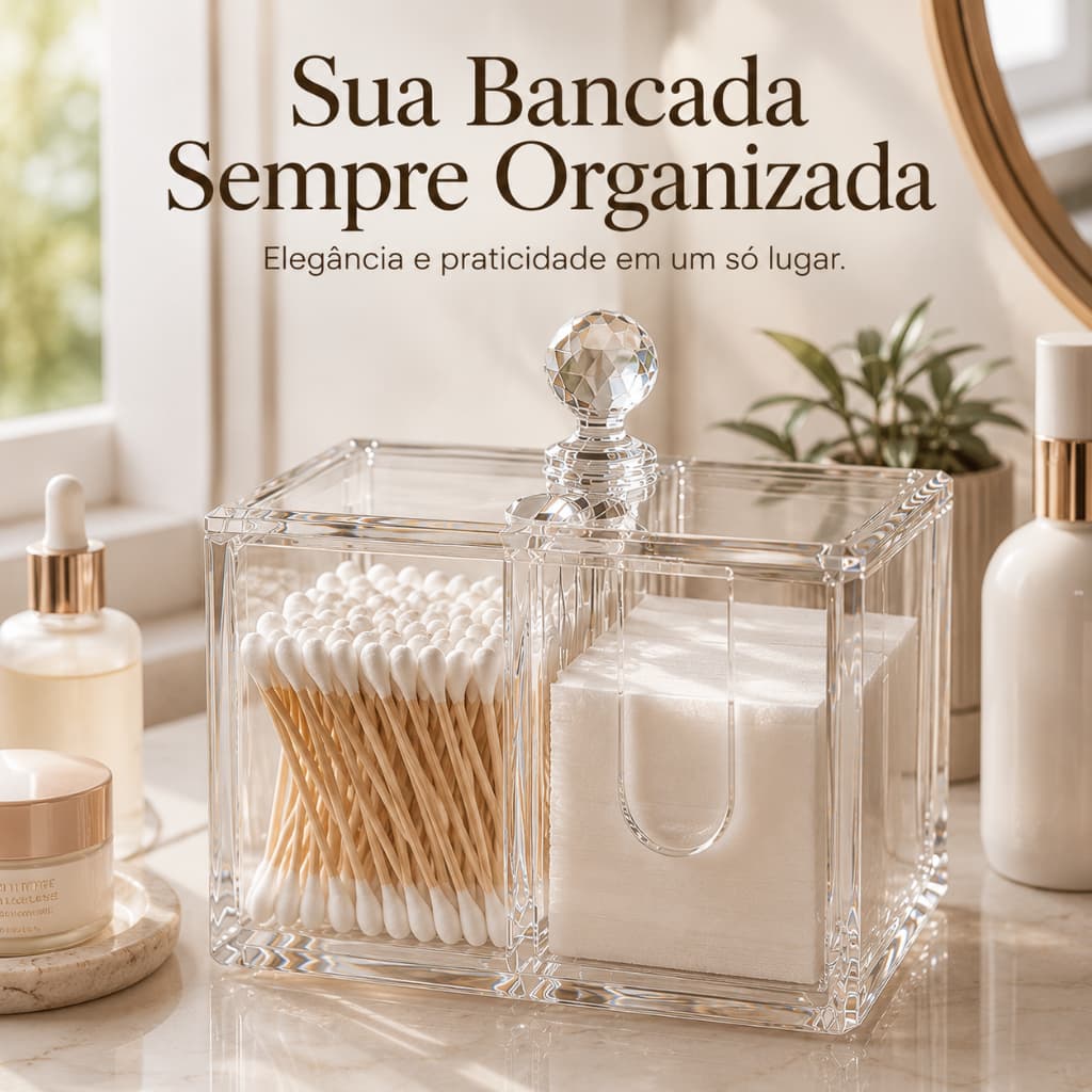 Organizador Acrílico Transparente Premium para Algodão e Cotonete Porta Cosmético Crystal Vanity Box