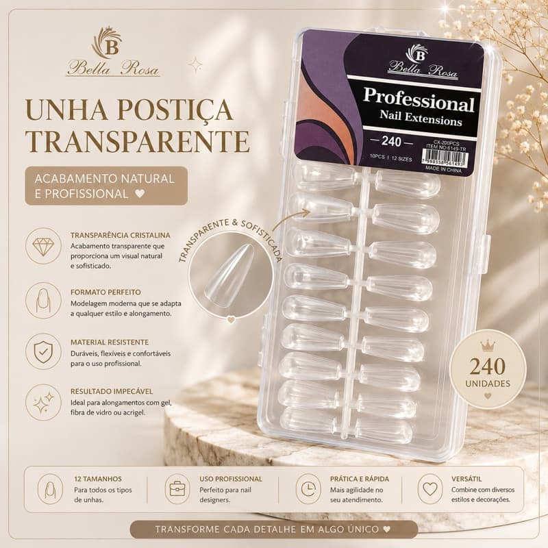 Unha Postiça Transparente 240 Unidades Acabamento Natural e Profissional Transparência Cristalina Formato Perfeito