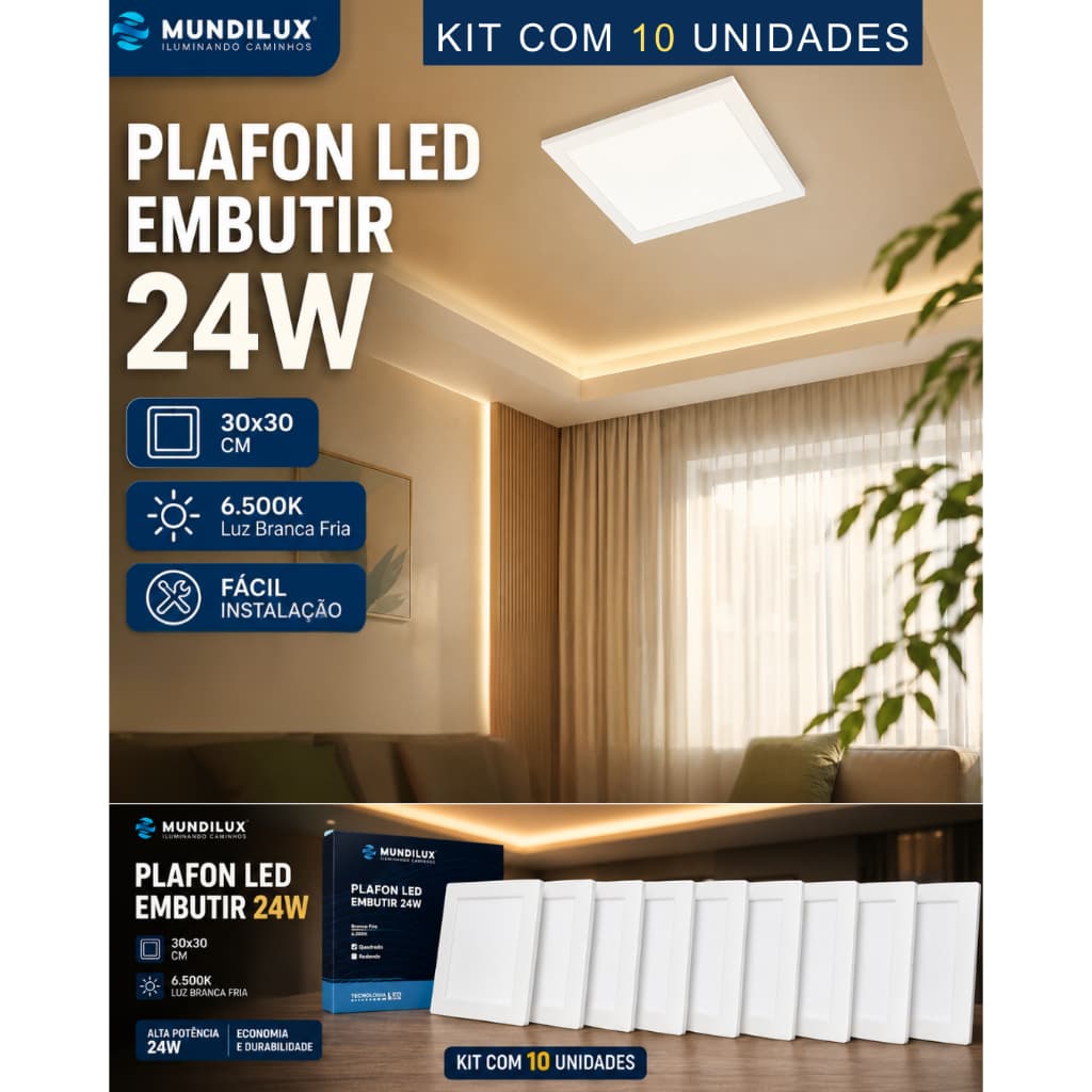 Kit com 10, 6, 3 Painéis LED Slim Embutir 24W 30x30cm Branco Frio 6500K Bivolt Luminária Led
