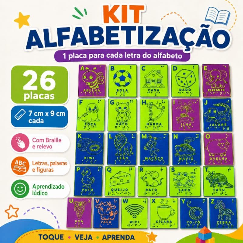 Kit Alfabetização Braille 26 Placas 7x9cm Letras Palavras e Figuras 3D