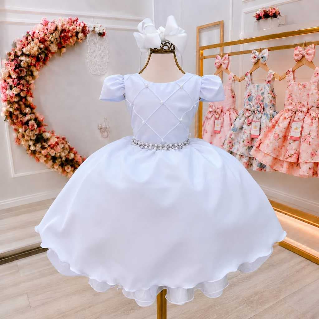 Vestido Infantil Branco Luxo Princesa Batizado Festa Casamento Com Laço e Pérolas