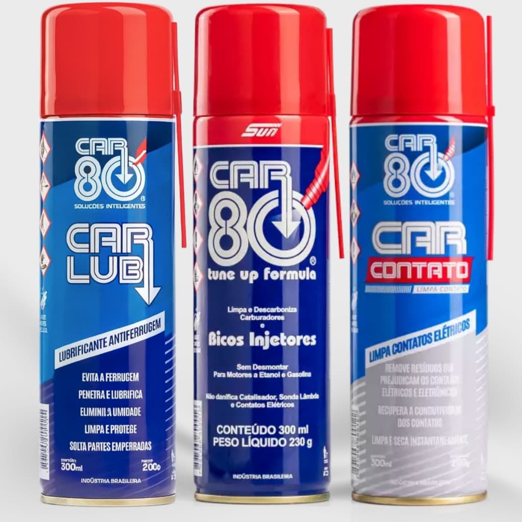 Kit CAR80: Limpa Contato Elétrico e Eletrônico, Descarbonizante e Desengripante (Antiferrugem)