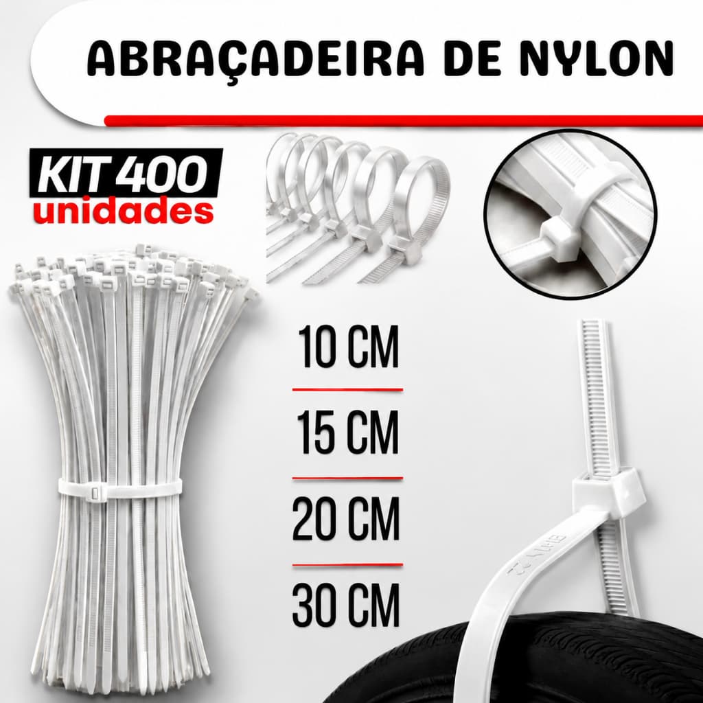 Kit 400 Abraçadeira Enforca Gato De Nylon Branco 100mm x 2,5mm 150mm x 2,5mm 200mm x 2,5mm 300mm x 3,5mm