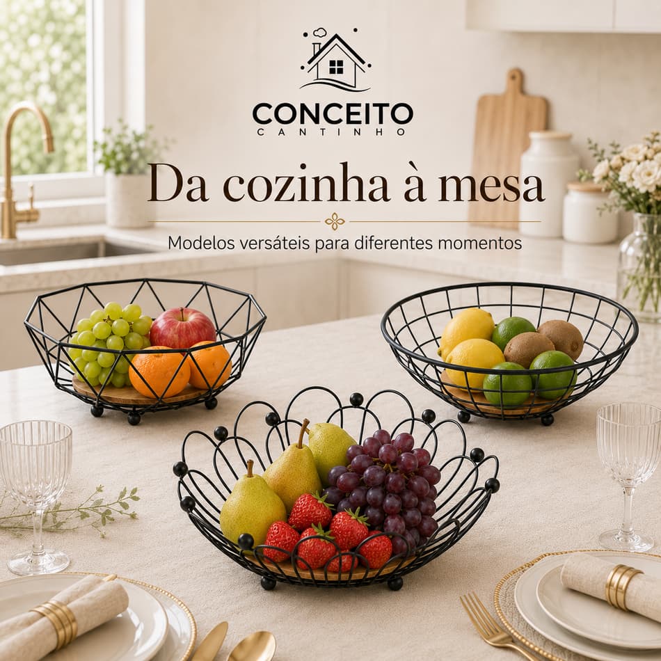 Cesto Organizador Fruteira de Mesa 2 Andares Ferro e Bambu para Café da Manhã Metal Preto Multiuso