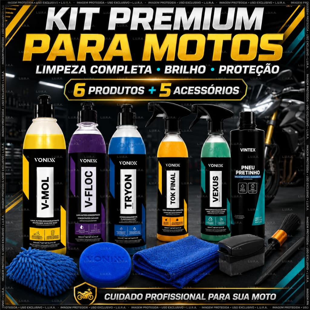Kit Lavagem Moto Shampoo revitalizador pneu pretinho cera carnauba Trilha Big Trail Esportiva Naked Vonixx