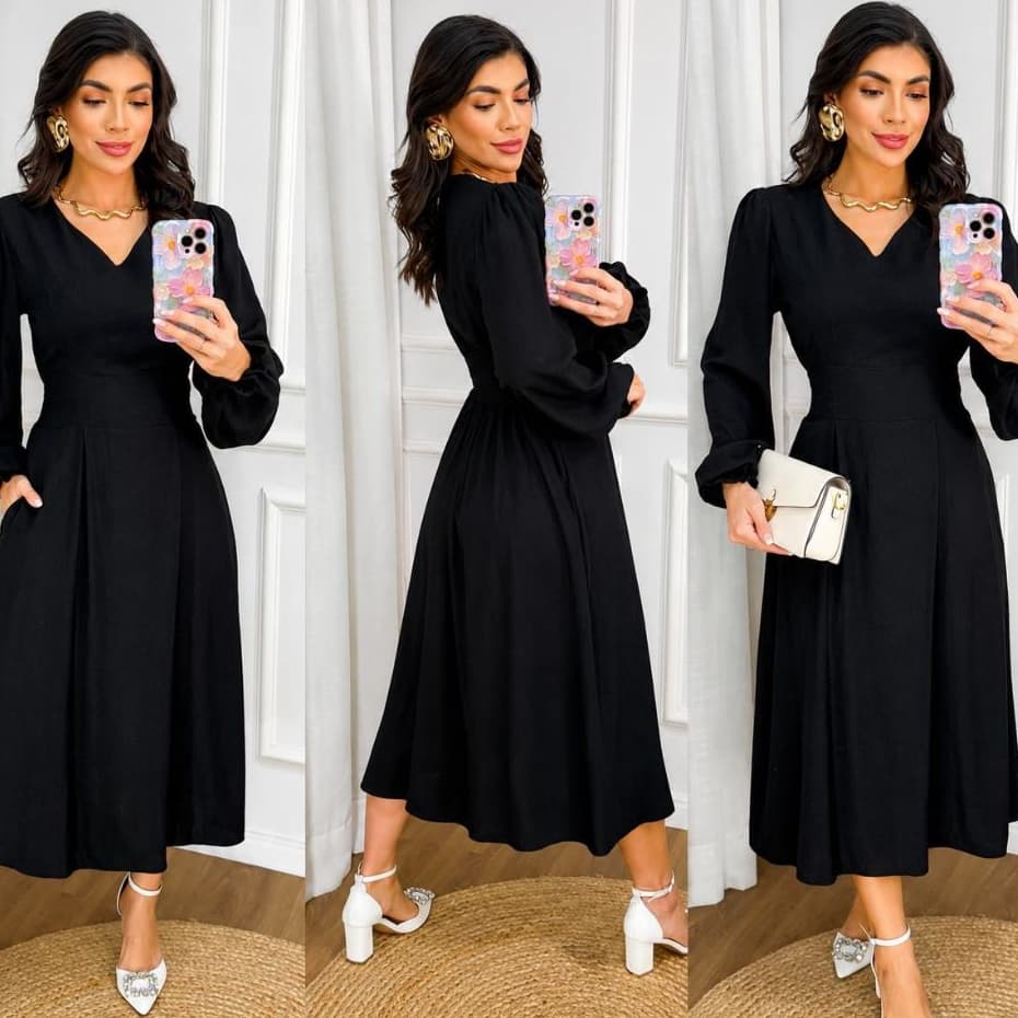 Vestido Midi Feminino Liso Elegante – Manga Longa , Decote V, Casual e Confortável
