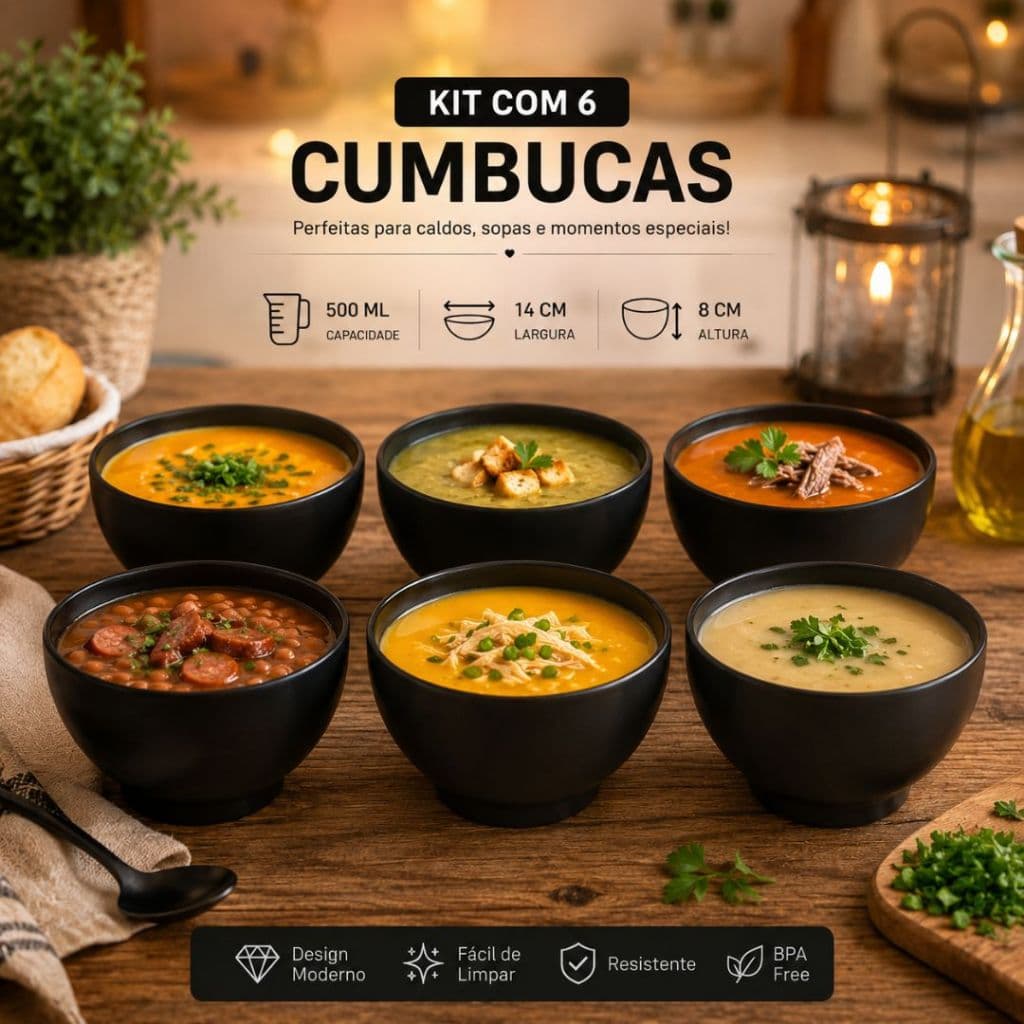 Cumbuca 500ml Preta Premium KIT COM 6 Tigela Plástica Reforçada para Frutas, Caldos, Sobremesas e Refeições