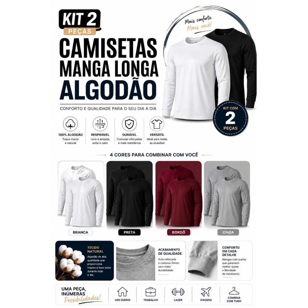 2 Camisetas Manga Longa 100% Algodão Masculina Slim Gola Redonda Lisa Inverno Manga Comprida Academia Trabalho