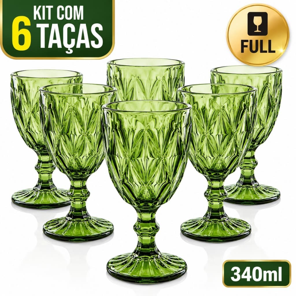 Jogo 6 Taças de Vidro Diamond 340ml Bico de Jaca - Cores Transparente Verde