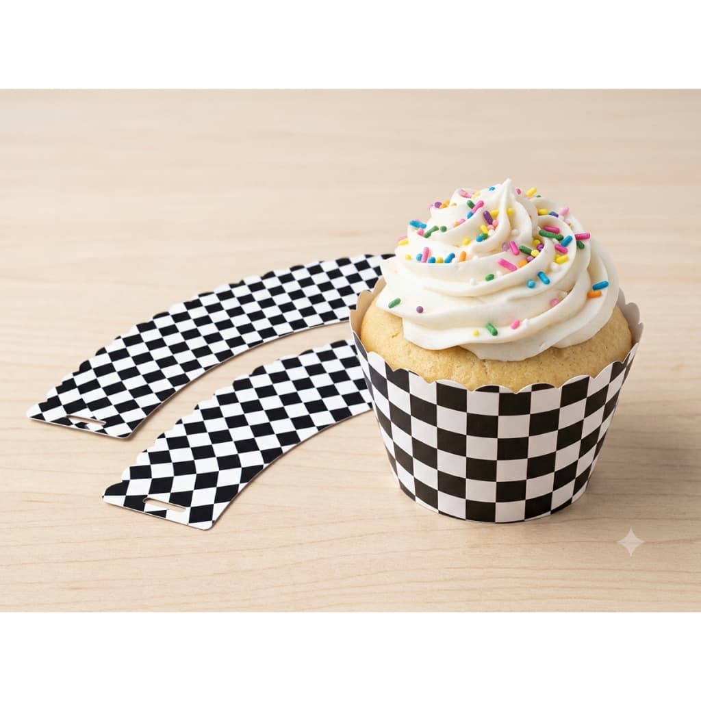 Wrapper capa capinha saia Forminha Cupcake quadriculado xadrez preto e branco carro boteco anos 60