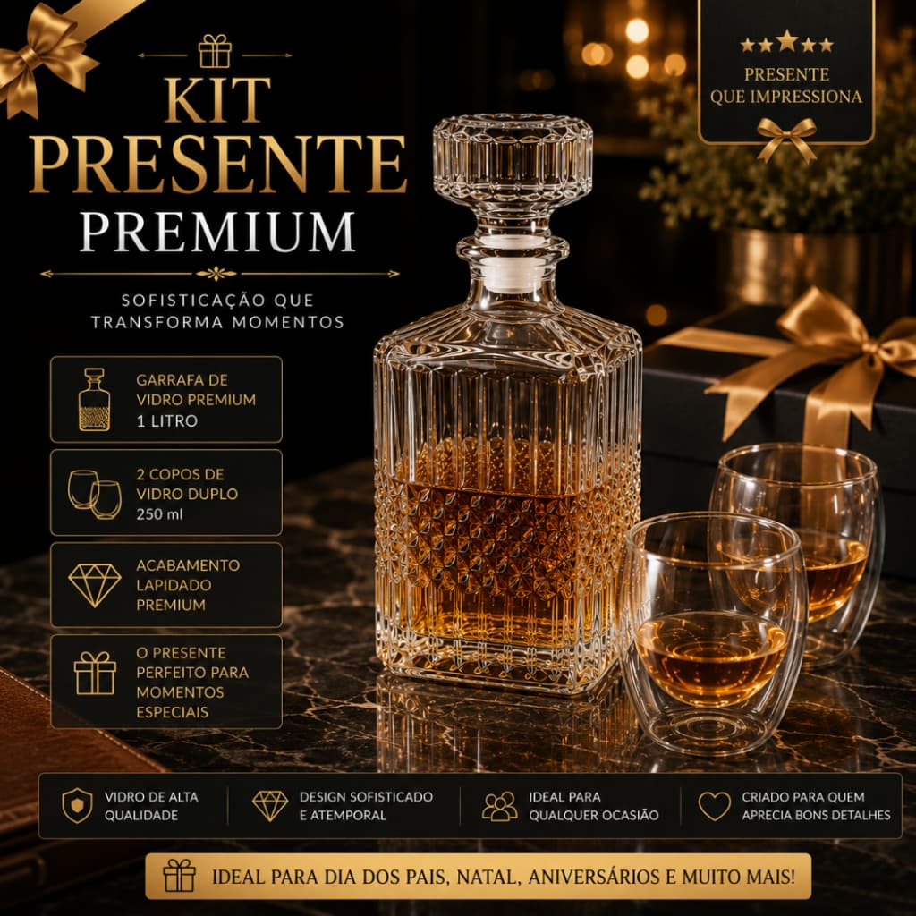 Kit Presente Garrafa Whisky 1L + 2 Copos Vidro Duplo Dia dos Pais Natal