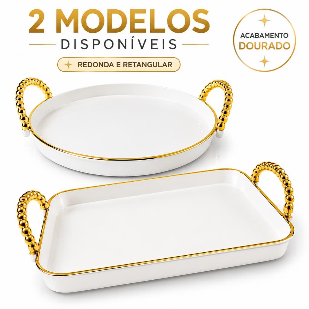 Bandeja Decorativa com Alça Luxo Borda Dourada Multiuso Mesa Café Lavabo Organizador Decoração