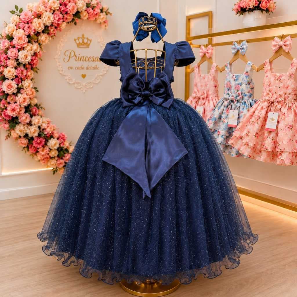 Vestido Festa Infantil Princesa Luxo Com Saia Volumosa e Detalhes Brilhantes Menina