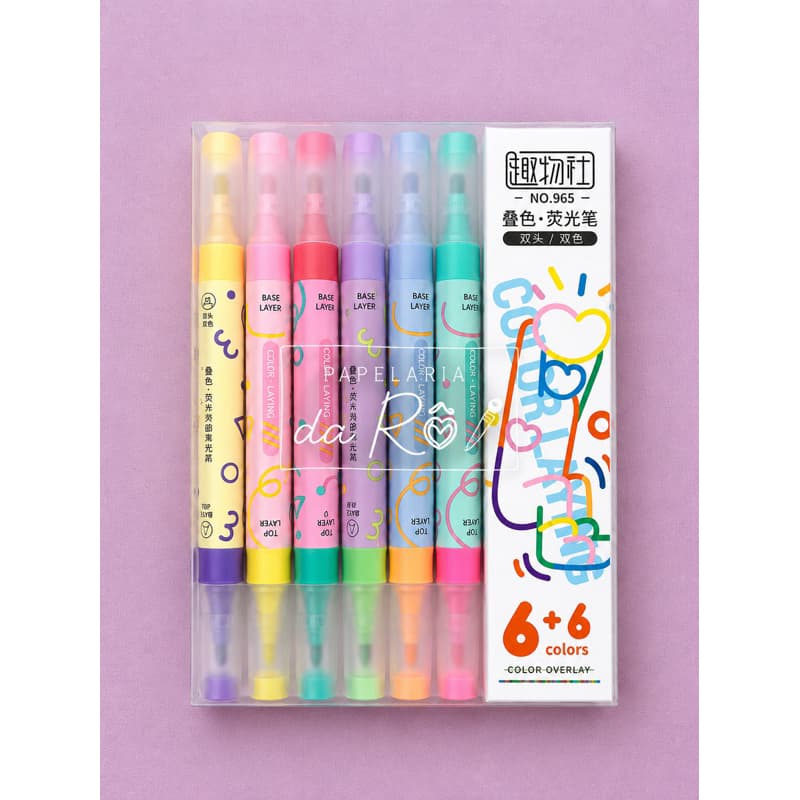 Kit Marca Texto Dupla Ponta 6+6 Cores Efeito Sobreposição Color Overlay Pastel para Estudos e Planner
