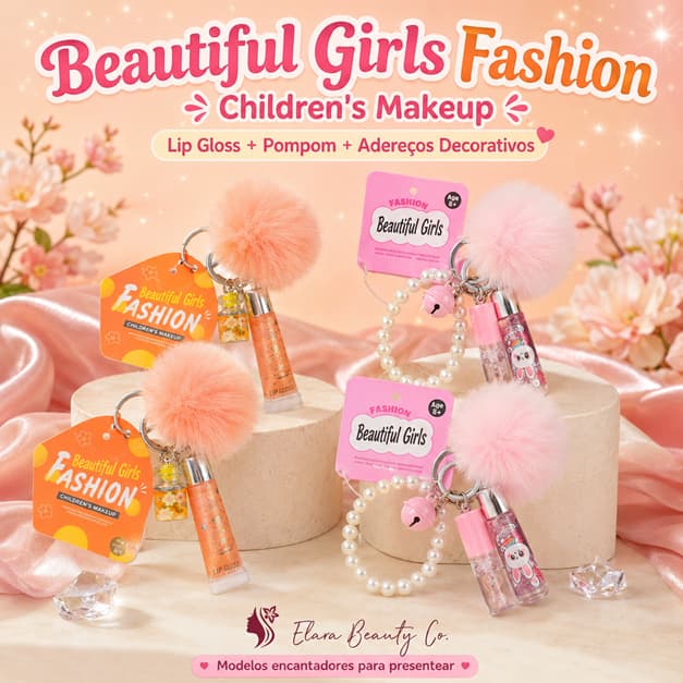 Kit Maquiagem Infantil Beautiful Girls Fashion Lip Gloss Chaveiro Pompom Pulseira Pingentes