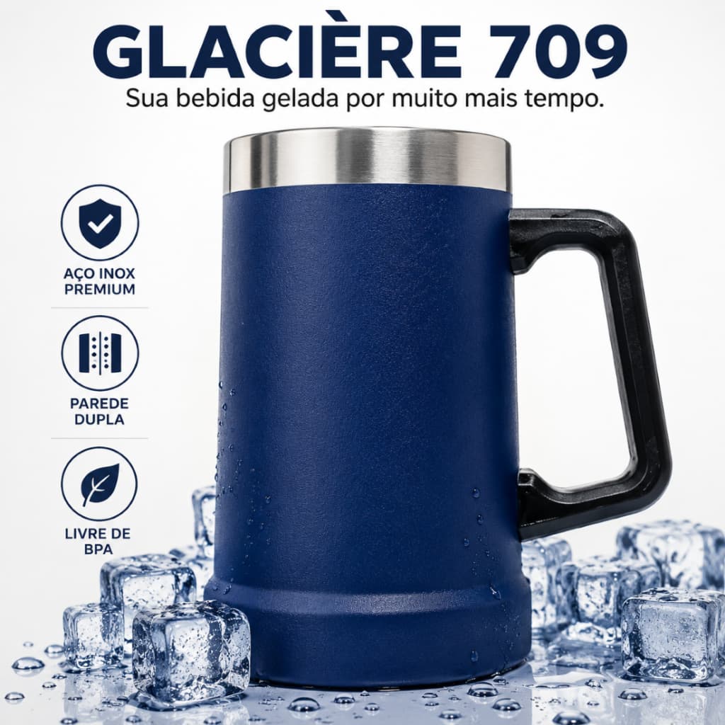 Caneca Térmica Inox 709ml Personalizada Cerveja Chopp Parede Dupla com Alça Azul Royal