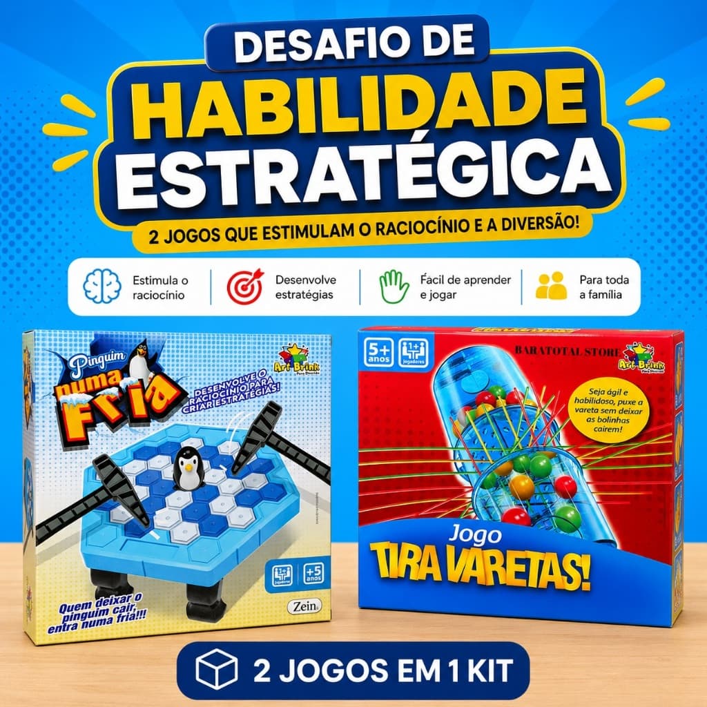 Kit de Jogos 2 em 1, Tira Varetas + Quebra Gelo Pinguim - Diversão em Dobro, Desafio de Habilidade Estratégica