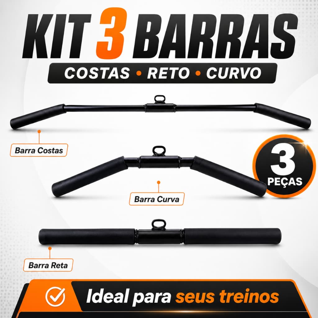 Kit 3 Barras Puxador Triceps Pulley Reto Curvo Costas 120cm Academia Musculação Treino Casa Fitness