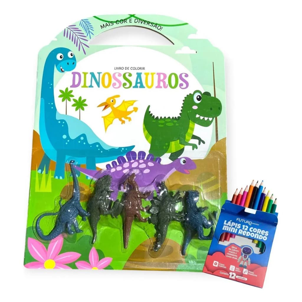 Kit Livro De Colorir + 5 Mini Dinossauros + Lápis De Cor