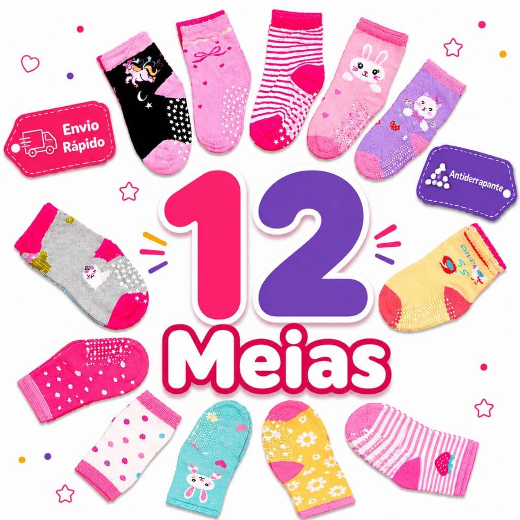 Meias De Menina (12 Meias - 6 Pares) Estampas Sortidas Coloridas Para Sua Princesa Passeio ou Escola