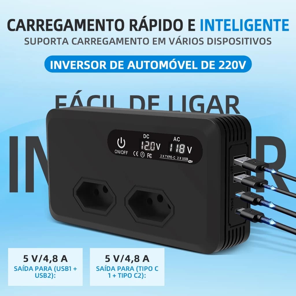 Inversor Automotivo De 200 W 110 V/220 V Equipado Com Interfaces De Saída USB e Tipo-C.