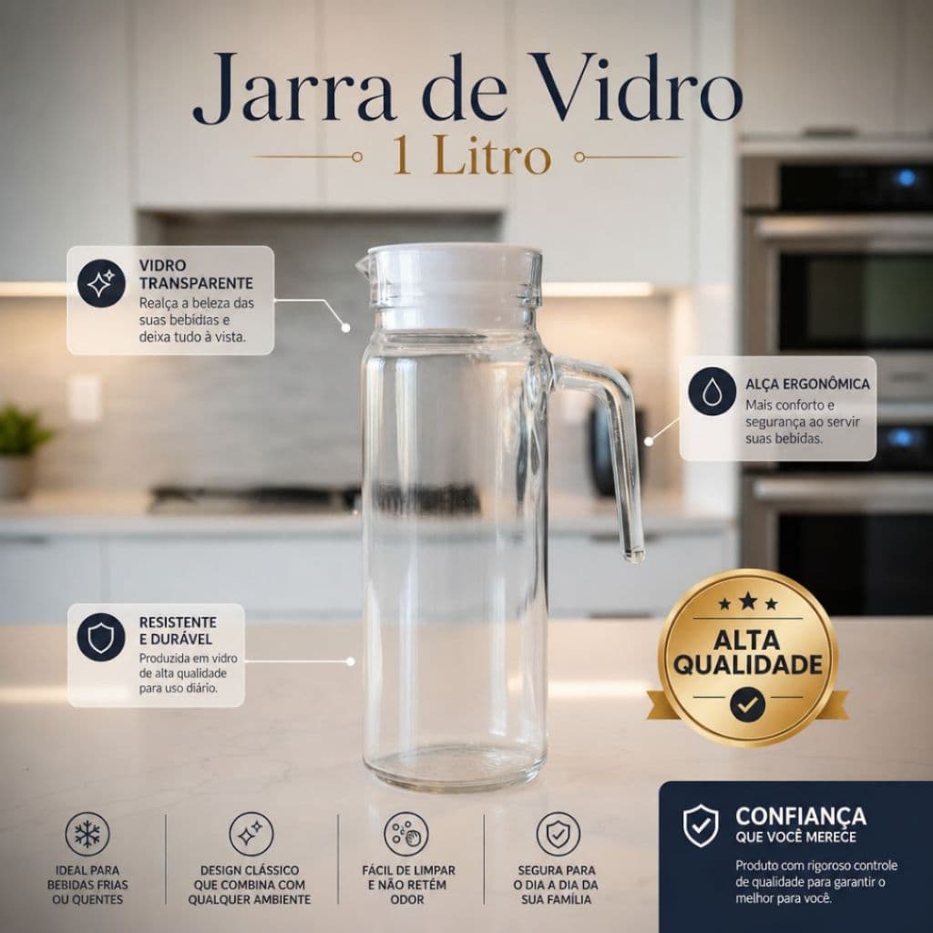Jarra Vidro Liso 1 Litros Redonda com Tampa Suco Água Refrigerante c/ Alça Resistente Transparente