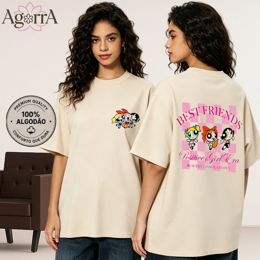 Camiseta Branca Algodão Premium Estampa Desenho Animado Best Friends Tamanhos P até G3 Camiseta Plus