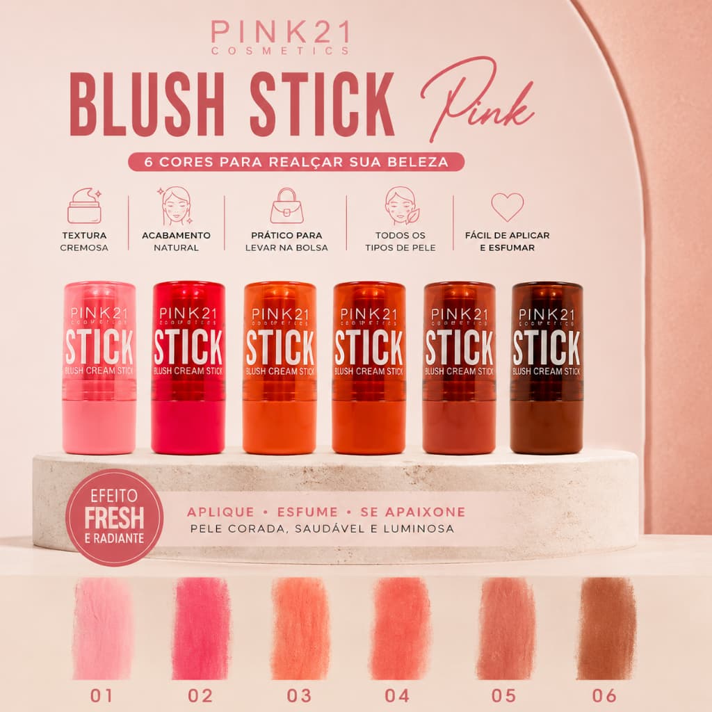 Blush Stick Pink 21 Cremoso Efeito Natural Fácil de Esfumar 6 Cores