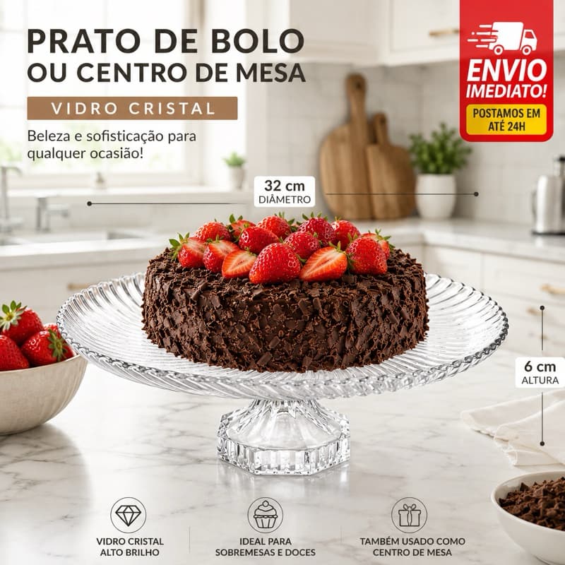 Prato de Bolo 32cm Centro de Mesa Vidro Cristal Prato de Bolo com Pé Vidro Grosso Resistente