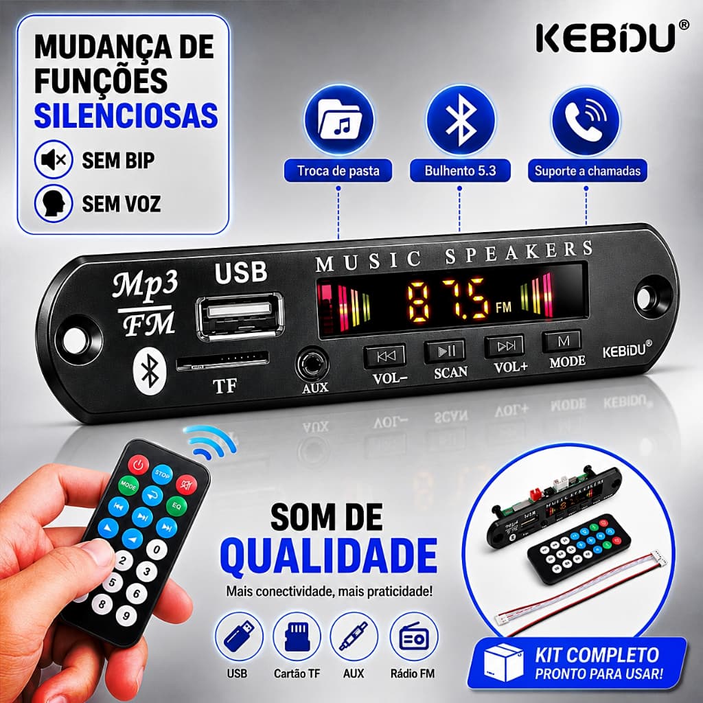 Decodificador MP3 Kebidu Bluetooth 5.0, USB, Auxiliar - Troca de Pasta