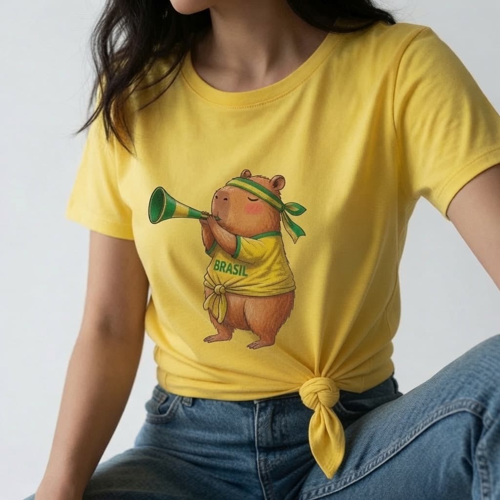 Camiseta Feminina Brasil Capivara Fofa Amarela Meme Copa 2026 Torcida