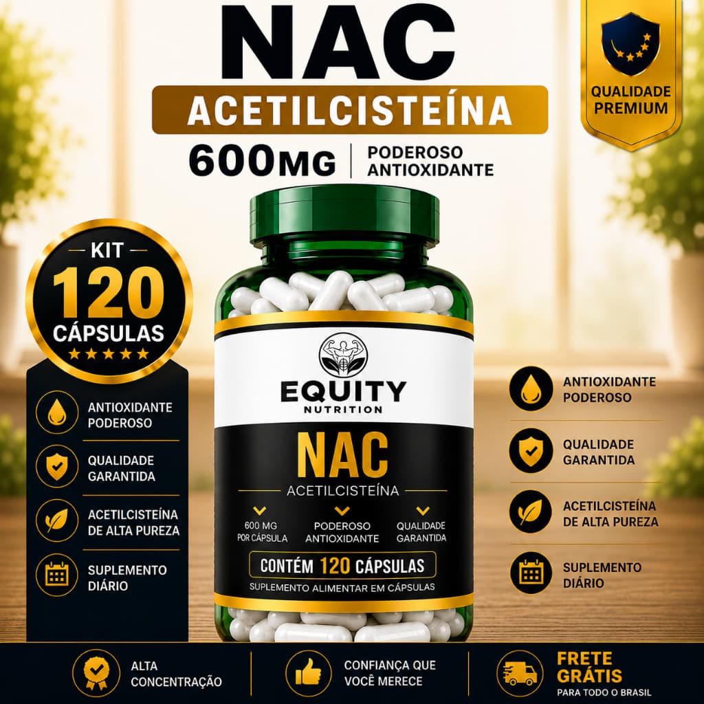 NAC 600mg Acetilcisteína 120 Cápsulas Suplemento Alimentar Original Equity Nutrition