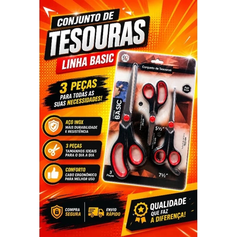 Conjunto de Tesouras Linha Basic 3 Peças | Multiuso | Cozinha, Escritório e Casa