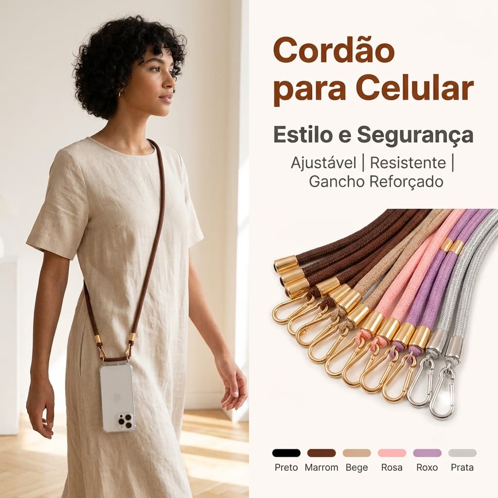 Cordão para Celular 2 em 1 Couro Sintético Premium Ajustável Universal Alça Transversal