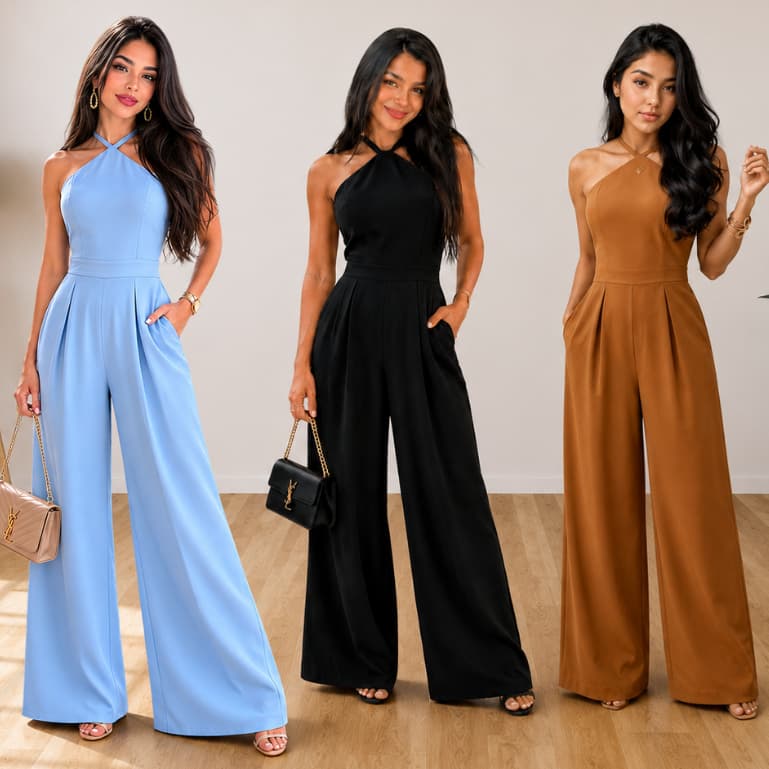 Macacão Longo Pantalona Feminino Forrado com Bojo e Lastex – Tecido Duna Premium Moda Elegante