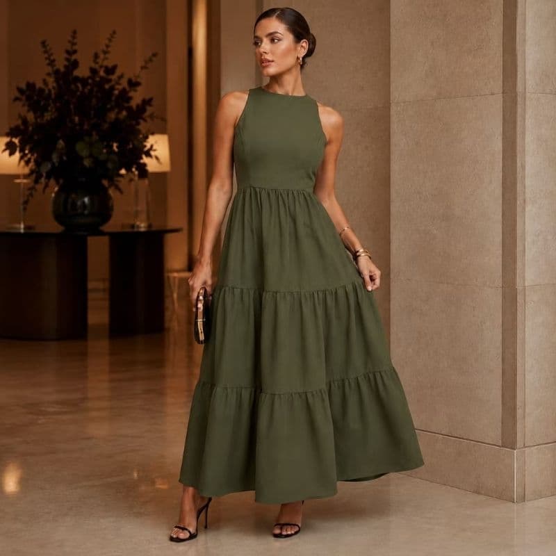 Vestido Feminino Sem Manga Midi Elegante Soltinho Gola Alta Casual Festa Linho Premium