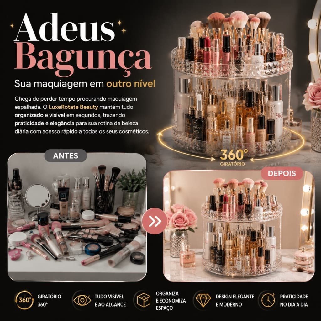 Organizador Giratório de Maquiagem 360° Acrílico LuxeRotate Beauty