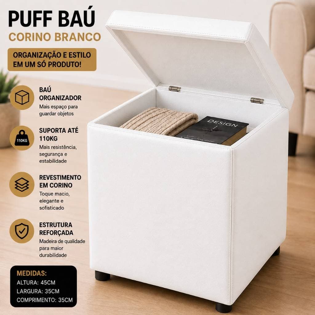 Puff Baú Decorativo BRANCO CORINO Organizador Reforçado Porta Objetos