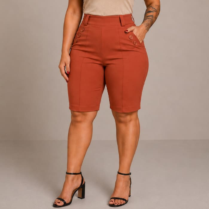 Bermuda Social Feminina Plus Size Com 6 Botões Tecido Bengaline Cintura Alta Alfaiataria 42 ao 52