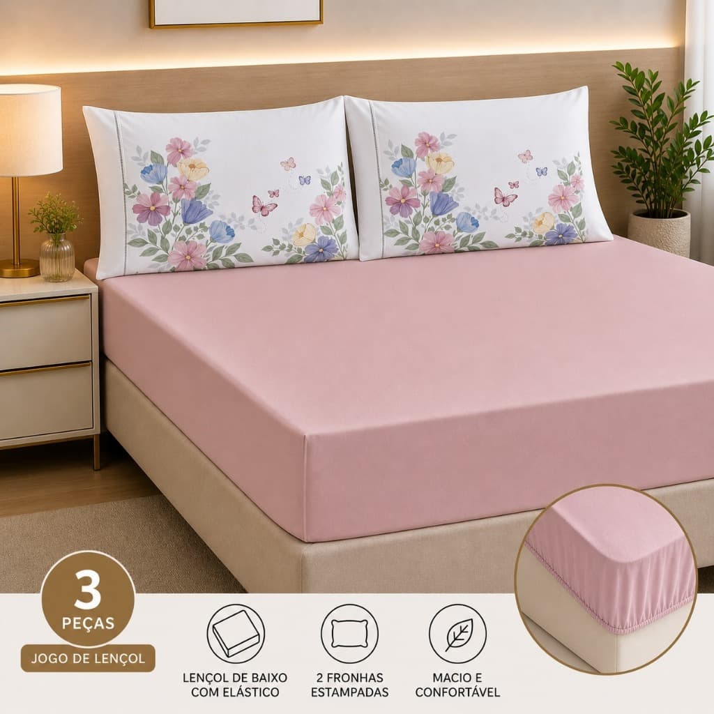 Jogo de Lençol 3 Peças Micropercal 400 Fios Cama Solteiro Casal Queen King Fronha Estampada Ponto Palito Borboletas