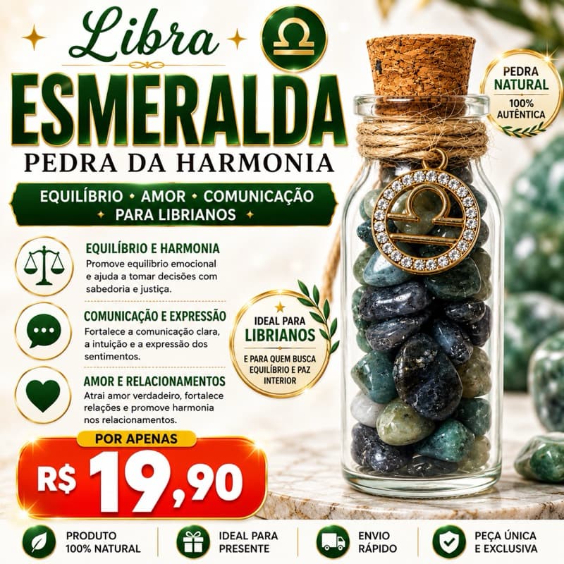 Amuleto Signo Libra com Esmeralda Cristal Natural Pedra do Equilíbrio Presente