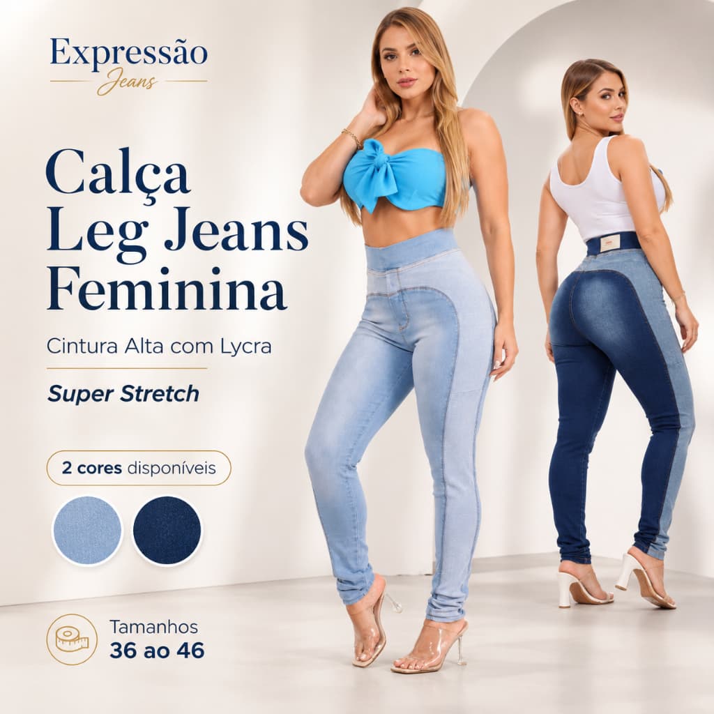 Calça Leg Jeans Feminina Cintura Alta Com Lycra Super Strech